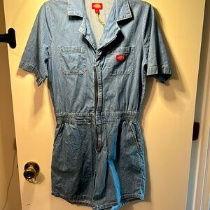 Dickies Overall Cuffed Denim Shortall Blue Snap Zipper Closure Junior small